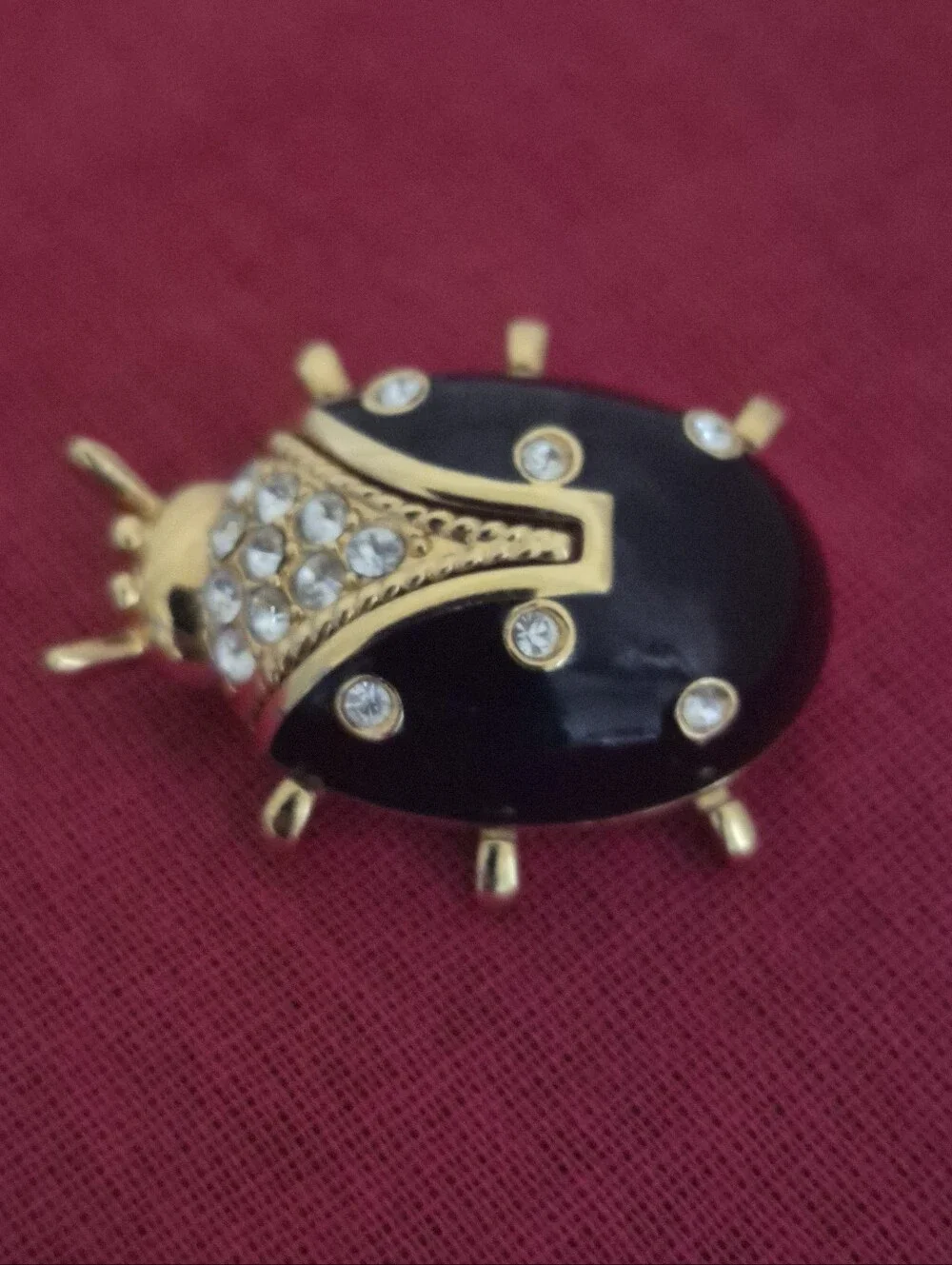 Vtg. St. John Gold-tone Black Enamel and Crystal Rhinestone Ladybug Brooch/Pin